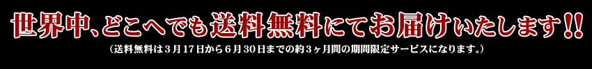 世界中、どこへでも送料無料にてお届けいたします！！（送料無料は3月17日から6月30日までの約３ヶ月間の期間限定サービスになります。）